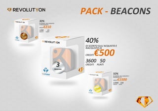 PACK - BEACONS
1
Beacon
3Beacons
10
Beacon s
50%
DI SCONTO SULL’ACQUISTO E
RIACQUISTO DI
CREDITI€1500
12000 150
CREDITI PUNTI
30%
DI SCONTO SULL’ACQUISTO
E RIACQUISTO DI
CREDITI€210
1200 21
CREDITI PUNTI
40%
DI SCONTO SULL’ACQUISTO E
RIACQUISTO DI
CREDITI€500
3600 50
CREDITI PUNTI
 