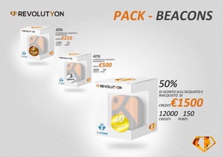 PACK - BEACONS
1
Beacon
3
Beacons
10
Beacons
50%
DI SCONTO SULL’ACQUISTO E
RIACQUISTO DI
CREDITI€1500
12000 150
CREDITI PUNTI
30%
DI SCONTO SULL’ACQUISTO E
RIACQUISTO DI
CREDITI€210
1200 21
CREDITI PUNTI
40%
DI SCONTO SULL’ACQUISTO E
RIACQUISTO DI
CREDITI€500
3600 50
CREDITI PUNTI
 