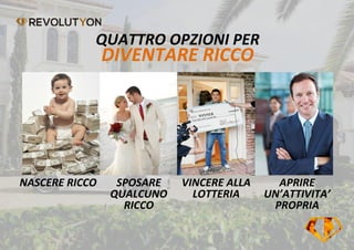 QUATTRO OPZIONI PER
DIVENTARE RICCO
NASCERE RICCO SPOSARE
QUALCUNO
RICCO
VINCERE ALLA
LOTTERIA
APRIRE
UN’ATTIVITA’
PROPRIA
 