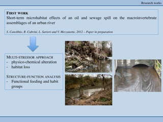 Research works	



FIRST WORK 	

Short-term microhabitat effects of an oil and sewage spill on the macroinvertebrate
assemblages of an urban river	

	

S. Canobbio, R. Cabrini, L. Sartori and V. Mezzanotte, 2012 – Paper in preparation	





MULTI-STRESSOR APPROACH	

-  physico-chemical alteration	

-  habitat loss	


STRUCTURE-FUNCTION ANALYSIS 	

-  Functional feeding and habit
   groups	

 