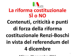 La riforma costituzionale
SÌ o NO
Contenuti, criticità e punti
di forza della riforma
costituzionale Renzi-Boschi
in vista del referendum del
4 dicembre
1
 