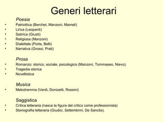 Generi letterari
Poesia
• Patriottica (Berchet, Manzoni, Mameli)
• Lirica (Leopardi)
• Satirica (Giusti)
• Religiosa (Manzoni)
• Dialettale (Porta, Belli)
• Narrativa (Grossi, Prati)
Prosa
• Romanzo: storico, sociale, psicologico (Manzoni, Tommaseo, Nievo).
• Tragedia storica
• Novellistica
Musica
• Melodramma (Verdi, Donizetti, Rossini)
Saggistica
• Critica letteraria (nasce la figura del critico come professionista)
• Storiografia letteraria (Giudici, Settembrini, De Sanctis).
 