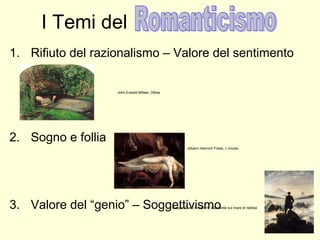 I Temi del
1. Rifiuto del razionalismo – Valore del sentimento
2. Sogno e follia
3. Valore del “genio” – Soggettivismo
John Everett Millais- Ofelia
Johann Heinrich Füssli, L’incubo
Caspar David Friedrich, Viandante sul mare di nebbia
 