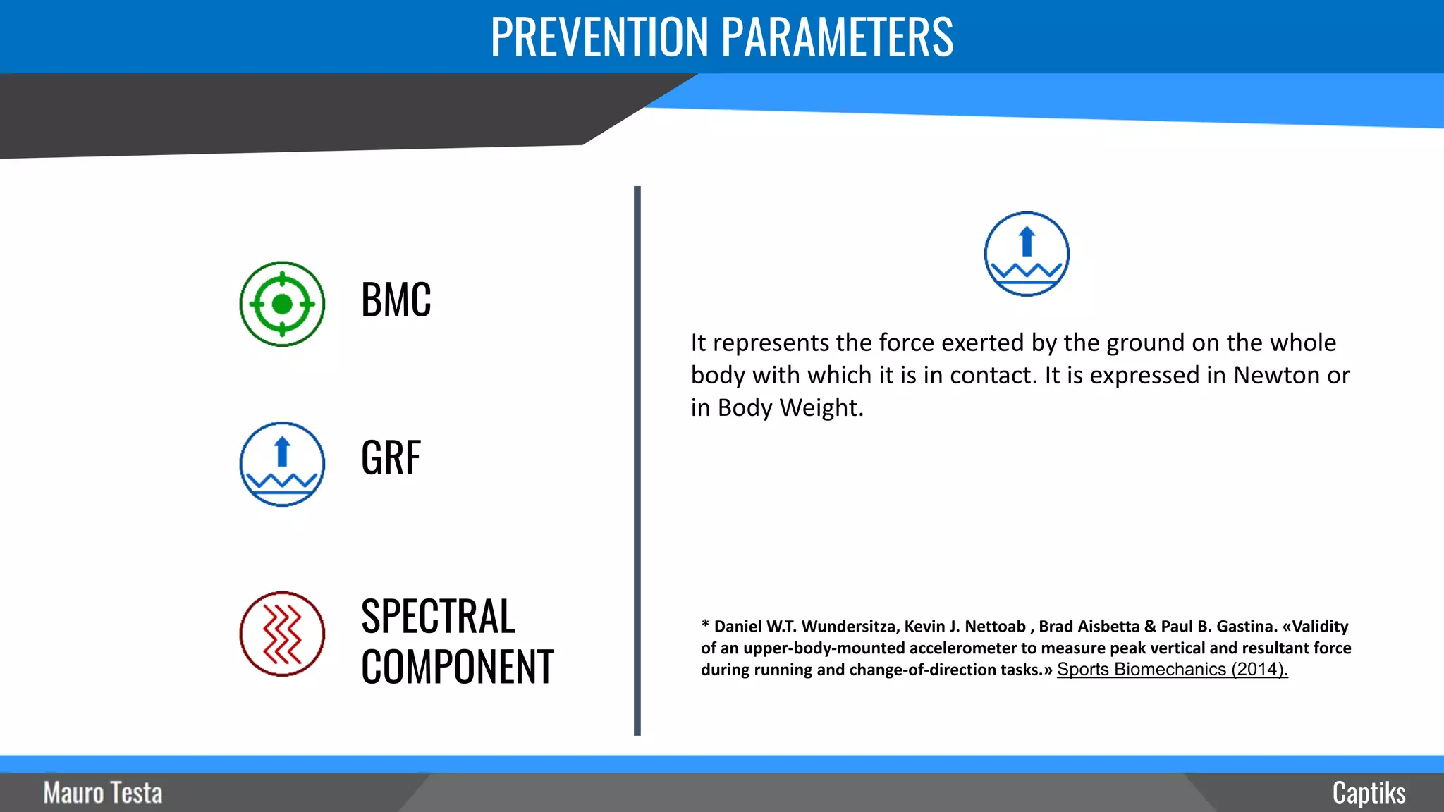 Captiks
GRF
BMC
SPECTRAL
COMPONENT
* Daniel W.T. Wundersitza, Kevin J. Nettoab , Brad Aisbetta & Paul B. Gastina. «Validity
of an upper-body-mounted accelerometer to measure peak vertical and resultant force
during running and change-of-direction tasks.» Sports Biomechanics (2014).
It represents the force exerted by the ground on the whole
body with which it is in contact. It is expressed in Newton or
in Body Weight.
PREVENTION PARAMETERS
 