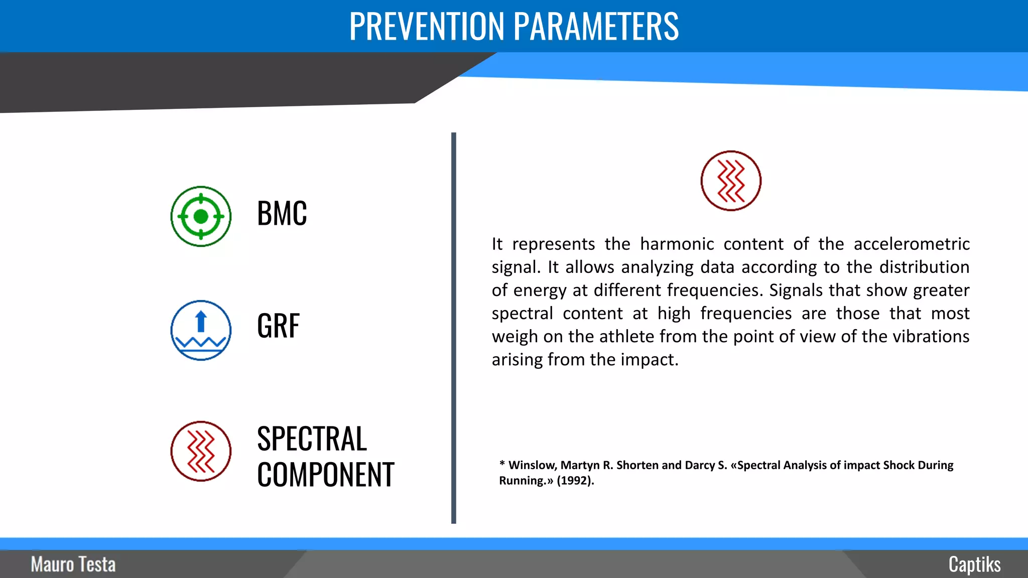 Captiks
GRF
BMC
SPECTRAL
COMPONENT
* Winslow, Martyn R. Shorten and Darcy S. «Spectral Analysis of impact Shock During
Running.» (1992).
PREVENTION PARAMETERS
It represents the harmonic content of the accelerometric
signal. It allows analyzing data according to the distribution
of energy at different frequencies. Signals that show greater
spectral content at high frequencies are those that most
weigh on the athlete from the point of view of the vibrations
arising from the impact.
 