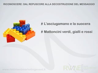 RICONOSCERE: DAL REPUSCORE ALLA DECOSTRUZIONE DEL MESSAGGIO




                          L’asciugamano e la suocera

                          Mattoncini verdi, gialli e rossi
 