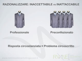 RAZIONALIZZARE: INACCETTABILE VS INATTACCABILE




    Professionale                Preconfezionato



   Risposta circostanziata = Problema circoscritto
 