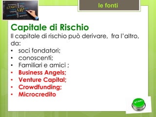 Capitale di Rischio
Il capitale di rischio può derivare, fra l’altro,
da:
• soci fondatori;
• conoscenti;
• Familiari e amici ;
• Business Angels;
• Venture Capital;
• Crowdfunding;
• Microcredito
le fonti
 