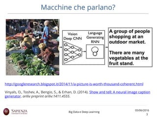 Macchine che parlano?
05/06/2016
3
Big Data e Deep Learning
http://googleresearch.blogspot.it/2014/11/a-picture-is-worth-t...