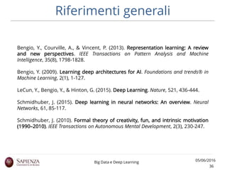 Riferimenti generali
05/06/2016
36
Big Data e Deep Learning
Bengio, Y., Courville, A., & Vincent, P. (2013). Representatio...