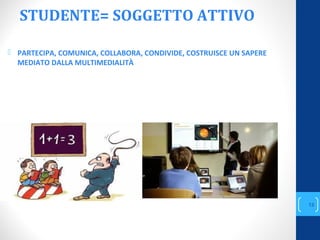STUDENTE= SOGGETTO ATTIVO
 PARTECIPA, COMUNICA, COLLABORA, CONDIVIDE, COSTRUISCE UN SAPERE
MEDIATO DALLA MULTIMEDIALITÀ
annascola2@gmail.com
13
 