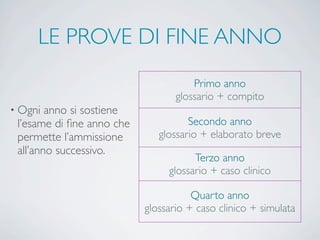 LE PROVE DI FINE ANNO
• Ogni anno si sostiene
l’esame di ﬁne anno che
permette l’ammissione
all’anno successivo.
Primo anno
glossario + compito
Secondo anno
glossario + elaborato breve
Terzo anno
glossario + caso clinico
Quarto anno
glossario + caso clinico + simulata
 