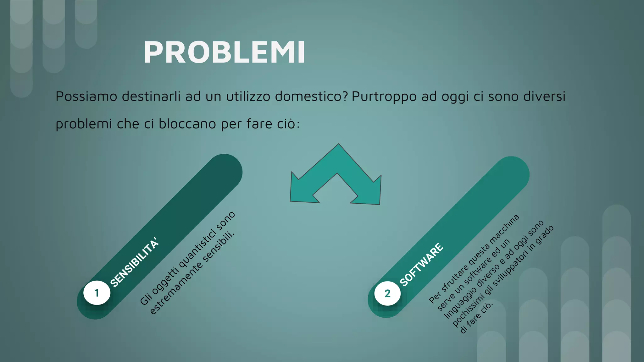PROBLEMI
Possiamo destinarli ad un utilizzo domestico? Purtroppo ad oggi ci sono diversi
problemi che ci bloccano per fare ciò:
1 2
 