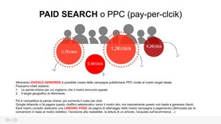 22
0,7€/click
1,2€/click
0,5€/click
0,2€/click
PAID SEARCH o PPC (pay-per-clcik)
Attraverso GOOGLE ADWORDS è possibile creare delle campagne pubblicitarie PPC rivolte al nostro target ideale.
Possiamo infatti stabilire:
1. Le parole-chiave per cui vogliamo che il nostro annuncio appaia
2. Il target geografico di riferimento
Più è competitiva la parola chiave, più aumenta il costo per click.
Google Adwords ci fa pagare questo «traffico selezionato» verso il nostro sito, ma naturalmente questo non basta a generare clienti.
Sarà nostro compito realizzare una LANDING PAGE (la pagina di atterraggio delle nostre campagne a pagamento) ottimizzata per le
conversioni in base al nostro obiettivo: l’iscrizione alla newsletter, la lettura di un articolo, l’acquisto sull’ecommerce…)
 