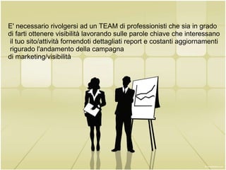 E' necessario rivolgersi ad un TEAM di professionisti che sia in grado  di farti ottenere visibilità lavorando sulle parole chiave che interessano il tuo sito/attività fornendoti dettagliati report e costanti aggiornamenti  rigurado l'andamento della campagna di marketing/visibilità 