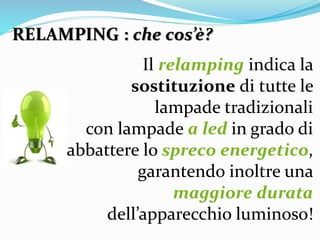 Il relamping indica la
sostituzione di tutte le
lampade tradizionali
con lampade a led in grado di
abbattere lo spreco energetico,
garantendo inoltre una
maggiore durata
dell’apparecchio luminoso!
RELAMPING : che cos’è?
 