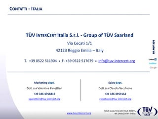 YOUR QUALITIES ARE YOUR ASSETS,
WE CAN CERTIFY THEM.www.tuv-intercert.org
TÜV INTERCERT Italia S.r.l. - Group of TÜV Saarland
Via Cecati 1/1
42123 Reggio Emilia – Italy
T. +39 0522 511904  F. +39 0522 517679  info@tuv-intercert.org
CONTATTI - ITALIA
Marketing dept.
Dott.ssa Valentina Panettieri
+39 346 4958819
vpanettieri@tuv-intercert.org
Sales dept.
Dott.ssa Claudia Vecchione
+39 346 4959162
cvecchione@tuv-intercert.org
Followus
 