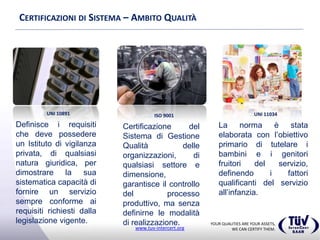 YOUR QUALITIES ARE YOUR ASSETS,
WE CAN CERTIFY THEM.www.tuv-intercert.org
CERTIFICAZIONI DI SISTEMA – AMBITO QUALITÀ
 ISO 9001
Certificazione del Sistema di
Gestione Qualità delle
organizzazioni, di qualsiasi
settore e dimensione,
garantisce il controllo del
processo produttivo, ma senza
definirne le modalità di
realizzazione.
UNI 10891
Definisce i requisiti che deve
possedere un Istituto di
vigilanza privata, di qualsiasi
natura giuridica, per dimostrare
la sua sistematica capacità di
fornire un servizio sempre
conforme ai requisiti richiesti
dalla legislazione vigente.
UNI 11034
La norma è stata elaborata con
l’obiettivo primario di tutelare i
bambini e i genitori fruitori del
servizio, definendo i fattori
qualificanti del servizio
all’infanzia.
 