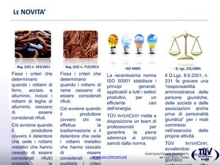 YOUR QUALITIES ARE YOUR ASSETS,
WE CAN CERTIFY THEM.www.tuv-intercert.org
LE NOVITA’
ISO 50001
La recentissima norma ISO 50001
stabilisce i principi generali,
applicabili a tutti i settori
produttivi, per un efficiente uso
dell’energia.
TÜV INTERCERT mette a
disposizione un team di
professionisti per garantire la
piena aderenza ai principi sanciti
dalla norma.
Reg. (UE) n. 333/2011
Fissa i criteri che
determinano quando i
rottami di ferro, acciaio e
alluminio, inclusi i rottami
di leghe di alluminio,
cessano di essere considerati
rifiuti.
Ciò avviene quando il
produttore (ovvero il
detentore che cede i rottami
metallici che hanno cessato
di essere considerati rifiuti)
soddisfa le condizioni
previste dall’art. 3 del
regolamento.
D. Lgs. 231/2001
Il D.Lgs. 8.6.2001, n. 231 fa
gravare una “responsabilità
amministrativa delle persone
giuridiche, delle società e
delle associazioni anche prive
di personalità giuridica” per i
reati commessi nell’esercizio
delle proprie attività.
TÜV INTERCERT, avvalendosi
del supporto tecnico-giuridico
di professionisti, offre un
servizio di verifica del
modello organizzativo
adottato in azienda.
Reg. (UE) n. 715/2013
Fissa i criteri che
determinano quando i
rottami di rame cessano di
essere considerati rifiuti.
Ciò avviene quando il
produttore (ovvero chi ne
effettua la trasformazione o
il detentore che cede i
rottami metallici che hanno
cessato di essere considerati
rifiuti) soddisfa i criteri
specifici conformi a
determinate condizioni.
 