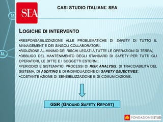 LOGICHE DI INTERVENTO
•RESPONSABILIZZAZIONE ALLE PROBLEMATICHE DI SAFETY DI TUTTO IL
MANAGEMENT E DEI SINGOLI COLLABORATORI;
•RIDUZIONE AL MINIMO DEI RISCHI LEGATI A TUTTE LE OPERAZIONI DI TERRA;
•OBBLIGO DEL MANTENIMENTO DEGLI STANDARD DI SAFETY PER TUTTI GLI
OPERATORI, LE DITTE E I SOGGETTI ESTERNI;
•PERIODICI E SISTEMATICI PROCESSI DI RISK ANALYSIS, DI TRACCIABILITÀ DEL
SISTEMA, DI AUDITING E DI INDIVIDUAZIONE DI SAFETY OBJECTIVES;
•COSTANTE AZIONE DI SENSIBILIZZAZIONE E DI COMUNICAZIONE.
GSR (GROUND SAFETY REPORT)
CASI STUDIO ITALIANI: SEA
 