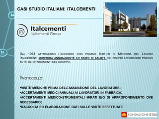DAL 1974 ATTRAVERSO L’ACCORDO CON PRIMARI ISTITUTI DI MEDICINA DEL LAVORO
ITALCEMENTI MONITORA ANNUALMENTE LO STATO DI SALUTE DEI PROPRI LAVORATORI PRESSO
TUTTI GLI STABILIMENTI DEL GRUPPO.
PROTOCOLLO:
•VISITE MEDICHE PRIMA DELL’ASSUNZIONE DEL LAVORATORE;
•ACCERTAMENTI MEDICI ANNUALI AI LAVORATORI IN FABBRICA;
•ACCERTAMENTI MEDICO-STRUMENTALI MIRATI E/O DI APPROFONDIMENTO OVE
NECESSARIO;
•RACCOLTA ED ELABORAZIONE DATI SULLE VISITE EFFETTUATE
CASI STUDIO ITALIANI: ITALCEMENTI
 