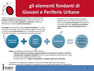 gli elementi fondanti di Giovani e Periferie Urbane 
Percorsi di eccellenza 
Legami Fuori e dentro 
Laboratorio 
Giovani e Periferie 
Futura 
Laboratorio in cui i ragazzi possono sviluppare progetti insieme alle imprese, sviluppare le loro idee, e anche precorso formativo e di progressivo inserimento lavorativo attraverso la simulazione imprenditoriale:..Fare leva sull’esperienza di Orion 
Cogliere il potenziale e le capacità multilingue e multiculturali del gruppo di studenti ad alto potenziale. e ad alta motivazione, che sono già nativi digitali,per sviluppare le eccellenze e favorire la diffusione di un positivo spirito di emulazione 
Coinvolgere una platea più ampia di imprese “eccellenti”, in settori innovativi e tecnologici, non necessariamente legate al territorio, per la creazione di una rete di partner con cui sviluppare dei percorsi di “premiale” per favorire il coinvolgimento lavorativo dei ragazzi 
6 
Legami: mentor&tutor e formazione studenti e docenti- : 
•Percorso condiviso per ispirare ragazzi/professori; co-operazione nel lavoro e confronto 
•sviluppo delle competenze individuali inerenti l’autonoma gestione del processo di ricerca del lavoro e del mantenimento dello stesso 
•mantenimento di un “legame” di protezione e sostegno relazionale e formativo 
•Fuoridentro: coinvolgimento, supporto e Intervento formativo degli attori della scuola e dell’ecosistema) al fine di allargare la consapevolezza di una responsabile capacita’ di cambiamento 