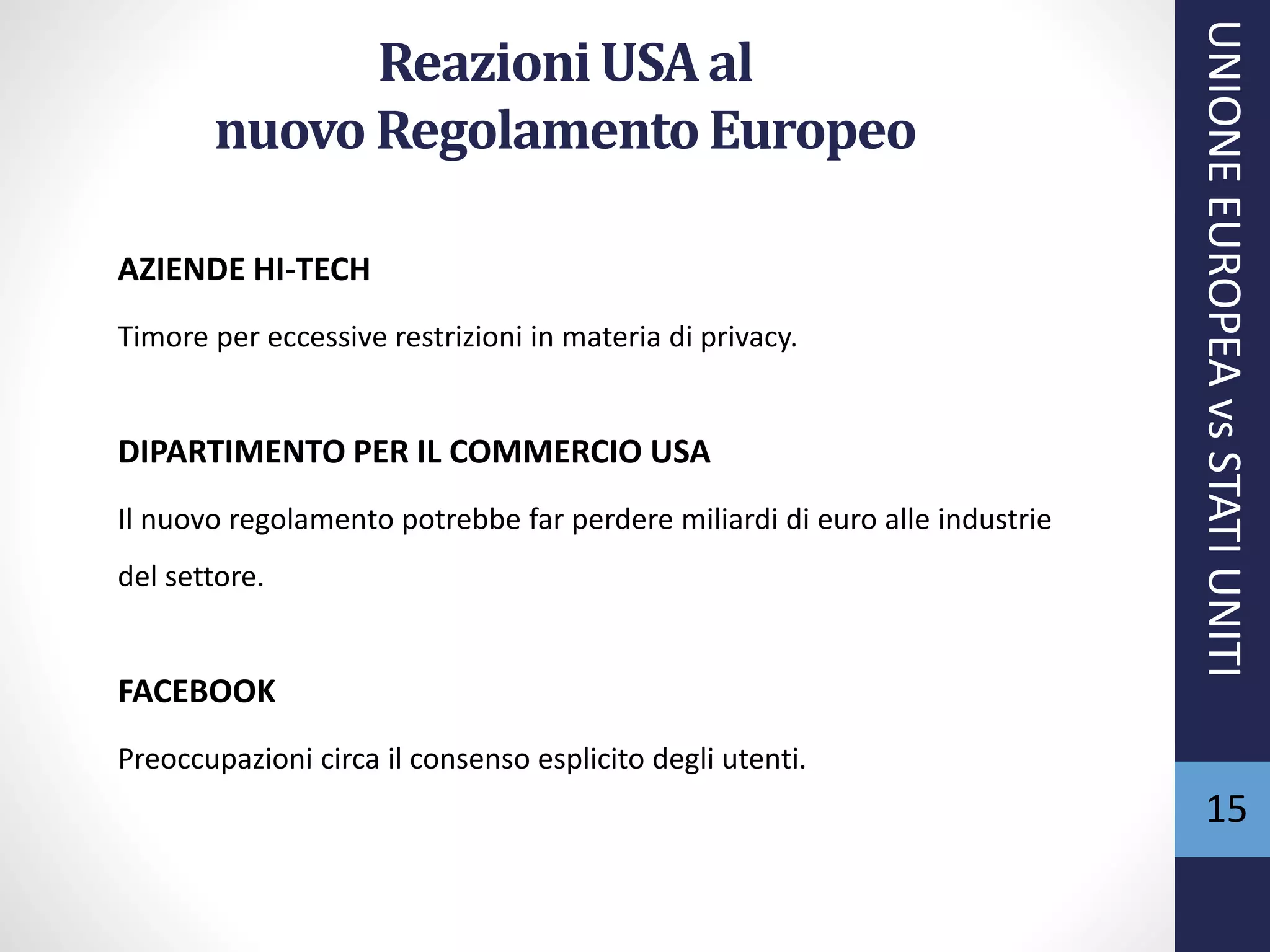ReazioniUSAal
nuovo RegolamentoEuropeo
AZIENDE HI-TECH
Timore per eccessive restrizioni in materia di privacy.
DIPARTIMENTO PER IL COMMERCIO USA
Il nuovo regolamento potrebbe far perdere miliardi di euro alle industrie
del settore.
FACEBOOK
Preoccupazioni circa il consenso esplicito degli utenti.
15
UNIONEEUROPEAvsSTATIUNITI
 
