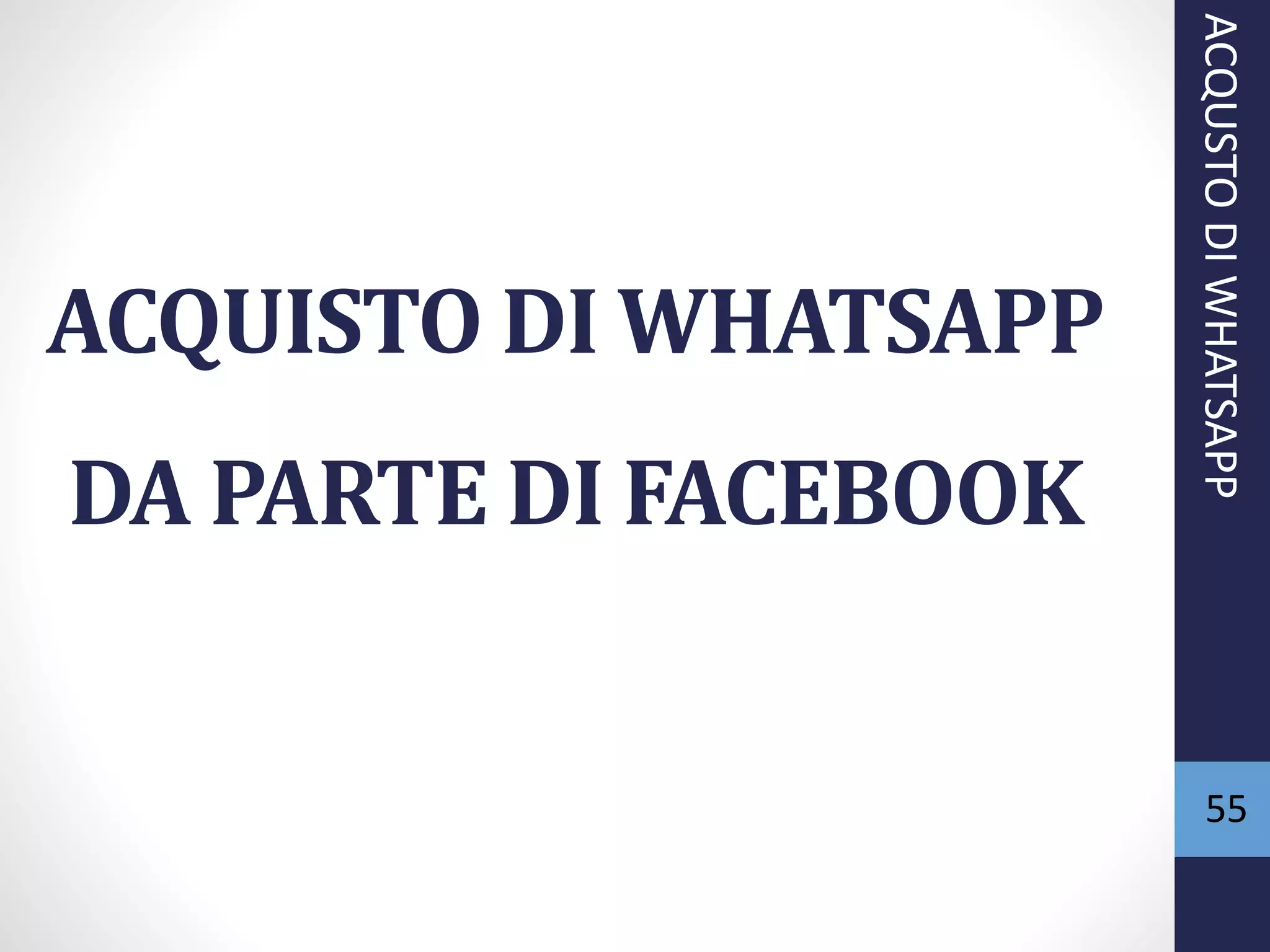 ACQUISTO DI WHATSAPP
DA PARTE DI FACEBOOK
55
ACQUSTODIWHATSAPP
 