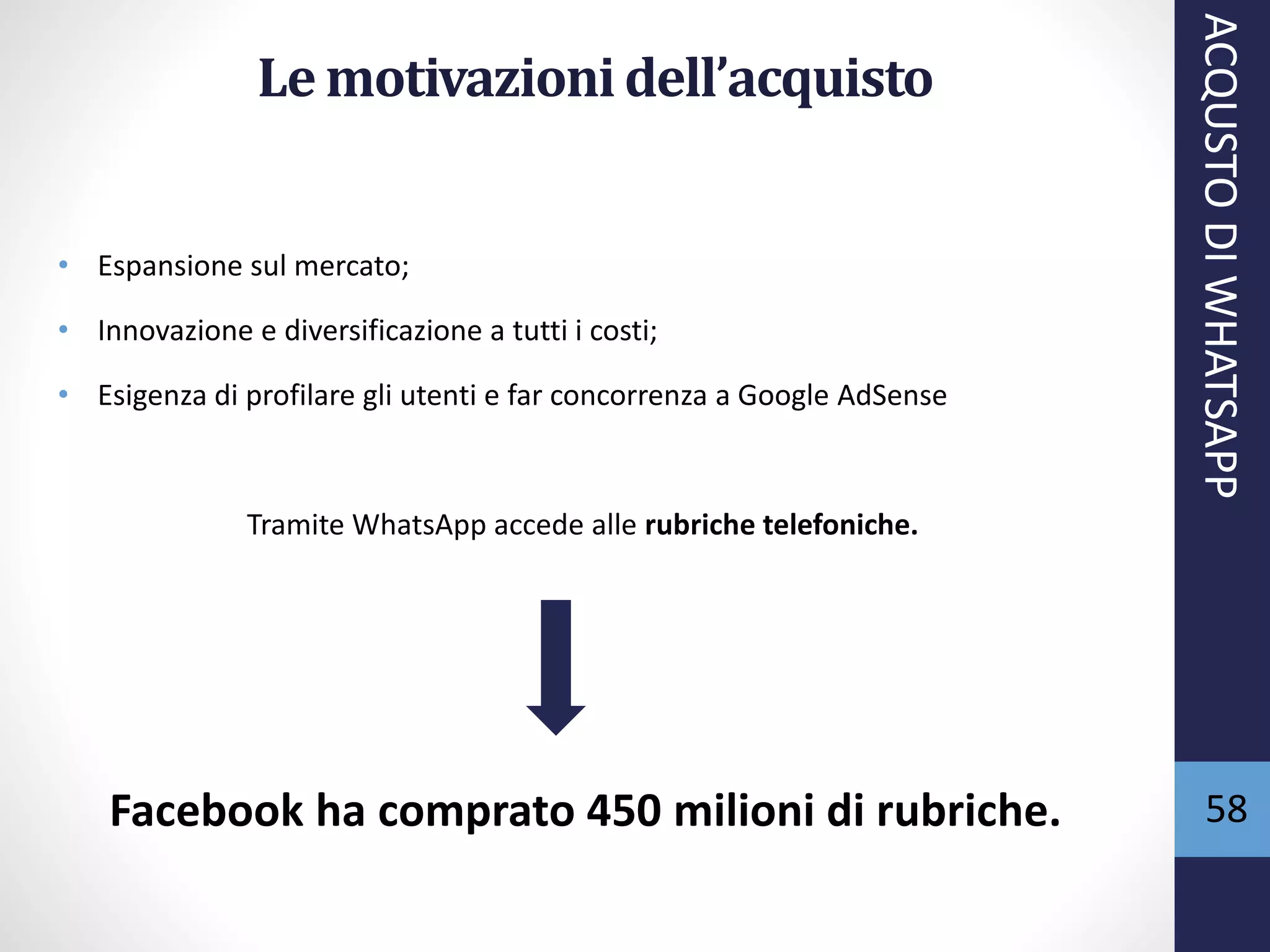 58
Le motivazionidell’acquisto
Facebook ha comprato 450 milioni di rubriche.
ACQUSTODIWHATSAPP
• Espansione sul mercato;
• Innovazione e diversificazione a tutti i costi;
• Esigenza di profilare gli utenti e far concorrenza a Google AdSense
Tramite WhatsApp accede alle rubriche telefoniche.
 