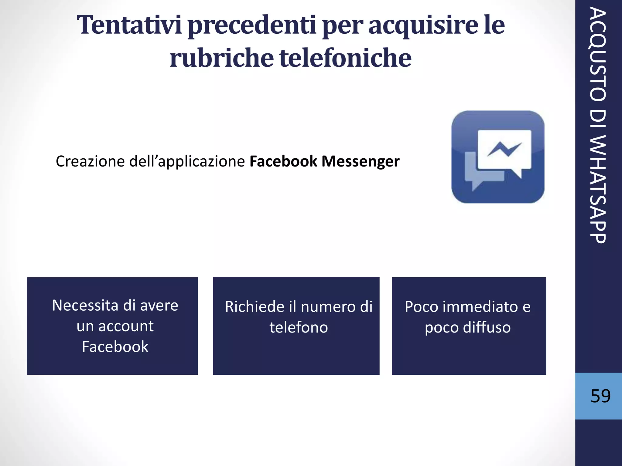 59
Tentativiprecedenti per acquisirele
rubrichetelefoniche
Creazione dell’applicazione Facebook Messenger
Necessita di avere
un account
Facebook
Richiede il numero di
telefono
Poco immediato e
poco diffuso
ACQUSTODIWHATSAPP
 