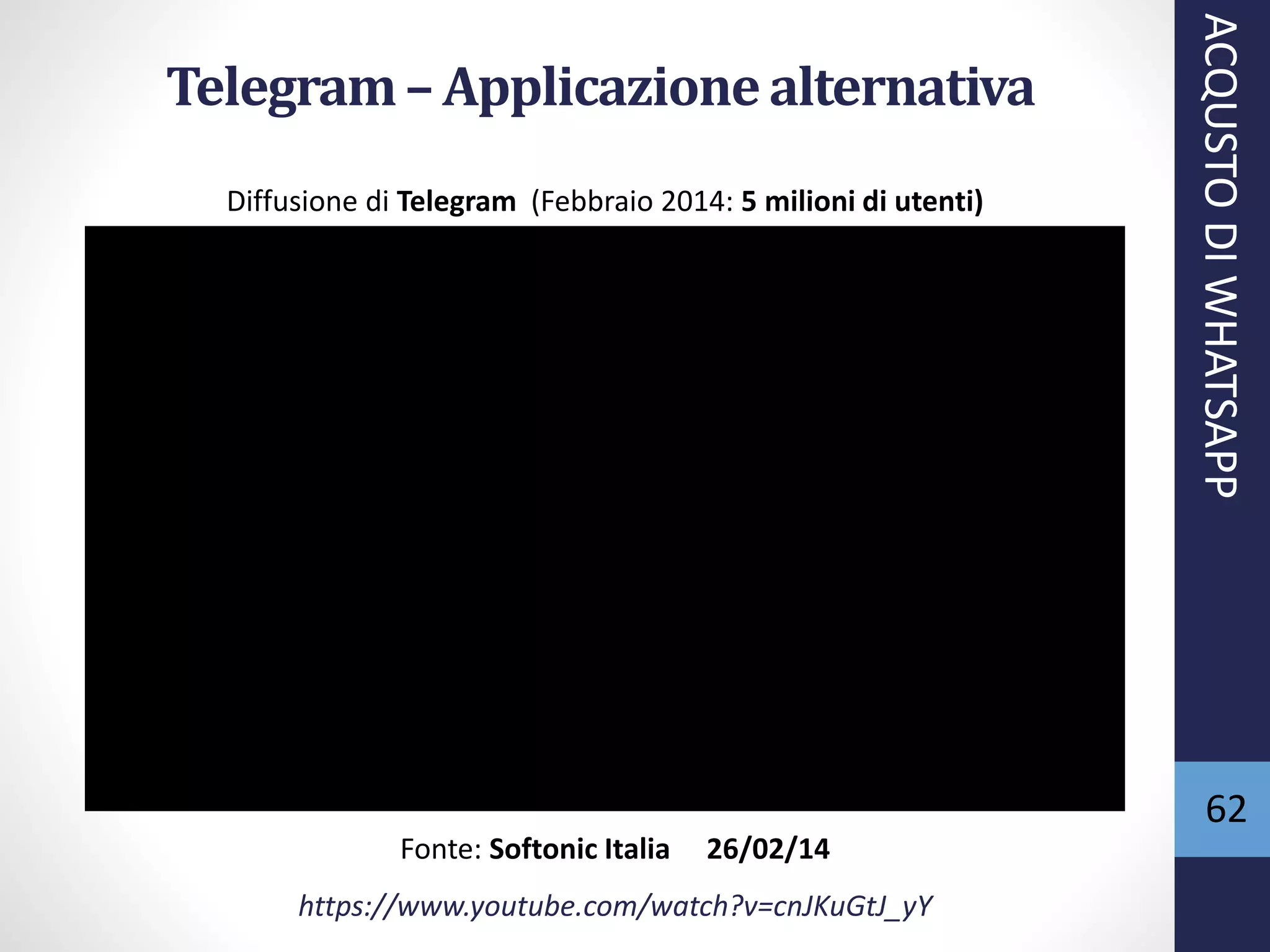 62
Telegram– Applicazionealternativa
Fonte: Softonic Italia 26/02/14
https://www.youtube.com/watch?v=cnJKuGtJ_yY
ACQUSTODIWHATSAPP
Diffusione di Telegram (Febbraio 2014: 5 milioni di utenti)
 