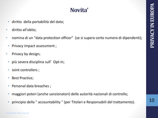 Novita’
• diritto della portabilità del dato;
• diritto all'oblio;
• nomina di un "data protection officer" (se si supera certo numero di dipendenti);
• Privacy impact assessment ;
• Privacy by design;
• più severa disciplina sull’ Opt-in;
• Joint controllers ;
• Best Practice;
• Personal data breaches ;
• maggiori poteri (anche sanzionatori) delle autorità nazionali di controllo;
• principio della " accountability " (per Titolari e Responsabili del trattamento).
Pedroletti Sharmayne
10
PRIVACYINEUROPA
 