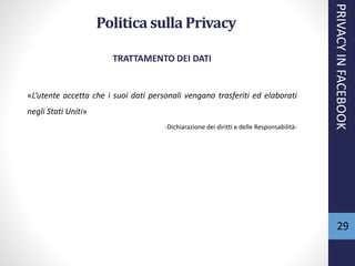 29
TRATTAMENTO DEI DATI
«L’utente accetta che i suoi dati personali vengano trasferiti ed elaborati
negli Stati Uniti»
-Dichiarazione dei diritti e delle Responsabilità-
PRIVACYINFACEBOOK
Politica sulla Privacy
 