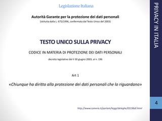 LegislazioneItaliana
Autorità Garante per la protezione dei dati personali
(istituita dalla L. 675/1996, confermata dal Testo Unico del 2003)
TESTO UNICO SULLA PRIVACY
CODICE IN MATERIA DI PROTEZIONE DEI DATI PERSONALI
decreto legislativo del il 30 giugno 2003, al n. 196
Art 1
«Chiunque ha diritto alla protezione dei dati personali che lo riguardano»
http://www.camera.it/parlam/leggi/deleghe/03196dl.html
PRIVACYINITALIA
4
 