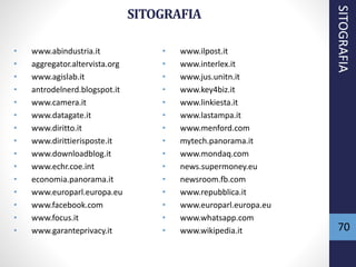 SITOGRAFIA
• www.abindustria.it
• aggregator.altervista.org
• www.agislab.it
• antrodelnerd.blogspot.it
• www.camera.it
• www.datagate.it
• www.diritto.it
• www.dirittierisposte.it
• www.downloadblog.it
• www.echr.coe.int
• economia.panorama.it
• www.europarl.europa.eu
• www.facebook.com
• www.focus.it
• www.garanteprivacy.it
SITOGRAFIA
70
• www.ilpost.it
• www.interlex.it
• www.jus.unitn.it
• www.key4biz.it
• www.linkiesta.it
• www.lastampa.it
• www.menford.com
• mytech.panorama.it
• www.mondaq.com
• news.supermoney.eu
• newsroom.fb.com
• www.repubblica.it
• www.europarl.europa.eu
• www.whatsapp.com
• www.wikipedia.it
 
