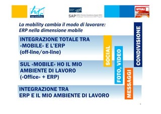 INTEGRAZIONE TRA
ERP E IL MIO AMBIENTE DI LAVORO

CONDIVISIONE
MESSAGGI

SUL «MOBILE» HO IL MIO
AMBIENTE DI LAVORO
(«Office» + ERP)

FOTO, VIDEO

INTEGRAZIONE TOTALE TRA
«MOBILE» E L’ERP
(off-line/on-line)

SOCIAL

La mobility cambia il modo di lavorare:
ERP nella dimensione mobile

8

 