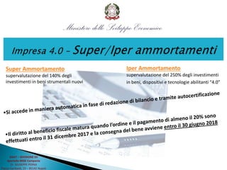 DGAT – DIVISIONE XII
Sportello MISE Campania
Dr. GIUSEPPE PERNA
Piazza Garibaldi, 19 – 80142 Napoli
Super Ammortamento
supervalutazione del 140% degli
investimenti in beni strumentali nuovi
Iper Ammortamento
supervalutazione del 250% degli investimenti
in beni, dispositivi e tecnologie abilitanti “4.0”
 