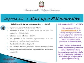 DGAT – DIVISIONE XII
Sportello MISE Campania
Dr. GIUSEPPE PERNA
Piazza Garibaldi, 19 – 80142 Napoli
PMI innovative (D.L. 3/2015)
il Decreto Legge 3/2015
(Investment Compact), ha
assegnato larga parte delle
misure già previste a beneficio
delle startup innovative a una
platea di imprese molto
più ampia: le PMI innovative,
vale a dire tutte le piccole e
medie imprese che operano nel
campo dell’innovazione
tecnologica, a prescindere dalla
data di costituzione, dall’oggetto
sociale e dagli altri parametri
previsti per le start-up
 