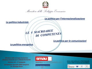 La politica industriale
La politica per l’internazionalizzazione
La politica energetica
La politica per le comunicazioni
Ministero dello Sviluppo Economico
Direzione Generale per le Attività Territoriali
Divisione XII – IT Campania
Coordinatore Sportello MISE Campania
Dr. Giuseppe Perna
Azione informativa per le PMI (Protocollo
d’intesa MISE-SI Impresa del 25/7/2017)
 