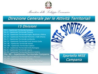 Direzione Generale per le Attività Territoriali
Sportello MISE
Campania
15 Divisioni
DIV.I - Ispettorato Territoriale Sardegna
Div. II - Ispettorato Territoriale Toscana
Div. III - Ispettorato Territoriale Puglia, Basilicata e Molise
Div. IV - Ispettorato Territoriale Piemonte e Valle d'Aosta
Div. V - Ispettorato Territoriale Lombardia
Div. VI - Ispettorato Territoriale Friuli Venezia Giulia
Div. VII - Ispettorato Territoriale Veneto
Div. VIII - Ispettorato Territoriale Calabria
Div. IX - Ispettorato Territoriale Emilia Romagna
Div. X - Ispettorato Territoriale Liguria
Div. XI - Ispettorato Territoriale Marche e Umbria
Div. XII - Ispettorato Territoriale Campania
Div. XIII - Ispettorato Territoriale Lazio e Abruzzo
Div. XIV - Ispettorato Territoriale Sicilia
Div. XV - Ispettorato Territoriale Trentino Alto-Adige
Ministero Sviluppo Economico
Direzione Generale Attività Territoriali
Sportello MISE Campania
Dr. Giuseppe Perna
 