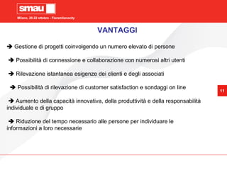 Milano, 20-22 ottobre - Fieramilanocity
11
 Gestione di progetti coinvolgendo un numero elevato di persone
 Possibilità di connessione e collaborazione con numerosi altri utenti
 Rilevazione istantanea esigenze dei clienti e degli associati
 Possibilità di rilevazione di customer satisfaction e sondaggi on line
 Aumento della capacità innovativa, della produttività e della responsabilità
individuale e di gruppo
 Riduzione del tempo necessario alle persone per individuare le
informazioni a loro necessarie
Milano, 20-22 ottobre - Fieramilanocity
VANTAGGI
 