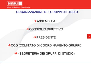 Milano, 20-22 ottobre - Fieramilanocity
6
Milano, 20-22 ottobre - Fieramilanocity
6
ORGANIZZAZIONE DEI GRUPPI DI STUDIO
ASSEMBLEA
CONSIGLIO DIRETTIVO
PRESIDENTE
COG (COMITATO DI COORDINAMENTO GRUPPI)
 (SEGRETERIA DEI GRUPPI DI STUDIO)
 