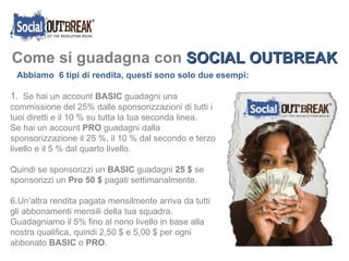 Come si guadagna con  SOCIAL OUTBREAK 1 .  Se hai un account  BASIC  guadagni una commissione del 25% dalle sponsorizzazioni di tutti i tuoi diretti e il 10 % su tutta la tua seconda linea.  Se hai un account  PRO  guadagni dalla sponsorizzazione il 25 %, il 10 % dal secondo e terzo livello e il 5 % dal quarto livello. Quindi se sponsorizzi un  BASIC  guadagni  25 $  se sponsorizzi un  Pro 50 $  pagati settimanalmente. Un’altra rendita pagata mensilmente arriva da tutti gli abbonamenti mensili della tua squadra. Guadagniamo il 5% fino al nono livello in base alla nostra qualifica, quindi 2,50 $ e 5,00 $ per ogni  abbonato  BASIC  o  PRO . Abbiamo  6 tipi di rendita, questi sono solo due esempi: 