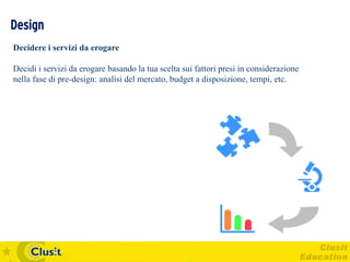 Design
Decidere i servizi da erogare

Decidi i servizi da erogare basando la tua scelta sui fattori presi in considerazione
nella fase di pre-design: analisi del mercato, budget a disposizione, tempi, etc.
 