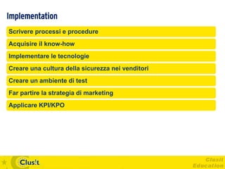 Implementation
Scrivere processi e procedure
Acquisire il know-how
Implementare le tecnologie
Creare una cultura della sicurezza nei venditori
Creare un ambiente di test
Far partire la strategia di marketing
Applicare KPI/KPO
 