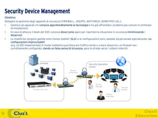 Security Device Management
Obiettivo
Delegare la gestione degli apparati di sicurezza (FIREWALL , IDS/IPS, ANTIVIRUS, HONEYPOT, etc.):
•   Gestisce gli apparati chi conosce approfonditamente la tecnologia e ha già affrontato i problemi più comuni in centinaia
    di installazioni;
•   In caso di attacco il team del SOC conosce dove/come agire per riportare la situazione in sicurezza minimizzando i
    disservizi;
•   Le modifiche vengono gestite entro tempi stabiliti (SLA) e le configurazioni sono validate da personale specializzato: no
    configurazioni improvvisate!!
    (e.g. un IDS implementato in modo maldestro può bloccare traffico lecito e creare disservizi, un firewall non
    correttamente configurato, dando un falso senso di sicurezza, apre la strada verso i sistemi interni!)




                                 Azienda                               Security Operation
                                                                       Center
                                                        Secure
                                                      Connection




                                                                             Service
                                                                             Manager
                                                                                                    Security
                        Firewall / IDS / etc.                                                       Analyst

                                                                                       Product
                                                                                       Specialist
 