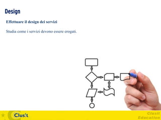 Design
Effettuare il design dei servizi

Studia come i servizi devono essere erogati.
 