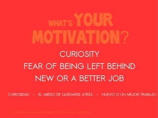 your   WHAT'S

               motivation?
                                  CURIOSITY
         FEAR OF BEING LEFT BEHIND
                   NEW OR A BETTER JOB
CURIOSIDAD     -   EL MIEDO DE QUEDARSE ATRÁS               -   NUEVO O UN MEJOR TRABAJO



 COACHING A TEAM BY USING BASIC ICT TOOLS IN A CLASS ROOM
 