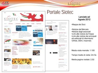 Portale Siotec
Lanciato ad
Agosto 2012
•Mappa dei Soci
•Notizie dal Mercato
•Notizie dagli associati
•Link alle notizie da Fespa
•Link alle notizie dei principali
siti editoriali di riferimento
•(Wide, DDm, Insernet)
Media visite mensile: 1.100
Tempo medio di visita: 2m 5s
Media pagine visitate: 2,52
 