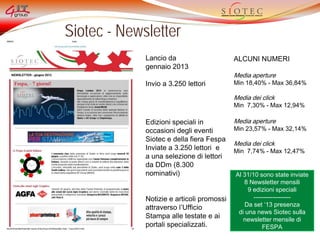 Siotec - Newsletter
Lancio da
gennaio 2013
Invio a 3.250 lettori
Edizioni speciali in
occasioni degli eventi
Siotec e della fiera Fespa
Inviate a 3.250 lettori e
a una selezione di lettori
da DDm (8.300
nominativi)
Notizie e articoli promossi
attraverso l’Ufficio
Stampa alle testate e ai
portali specializzati.
ALCUNI NUMERI
Media aperture
Min 18,40% - Max 36,84%
Media dei click
Min 7,30% - Max 12,94%
Media aperture
Min 23,57% - Max 32,14%
Media dei click
Min 7,74% - Max 12,47%
Al 31/10 sono state inviate
8 Newsletter mensili
9 edizioni speciali
------------------
Da set ‘13 presenza
di una news Siotec sulla
newsletter mensile di
FESPA
 